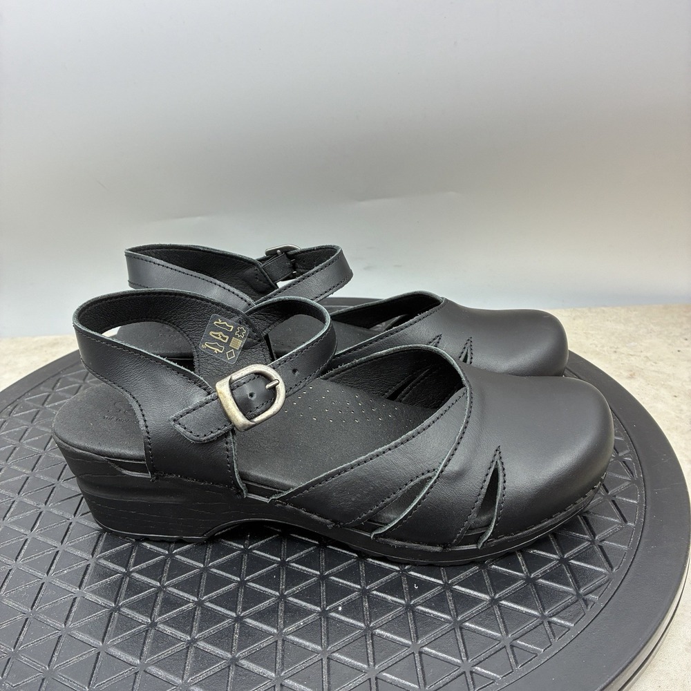 Sanita Clogs Women 38 Size 6.5 7 Sandals Black Leather Shoes Buckle Low Heel